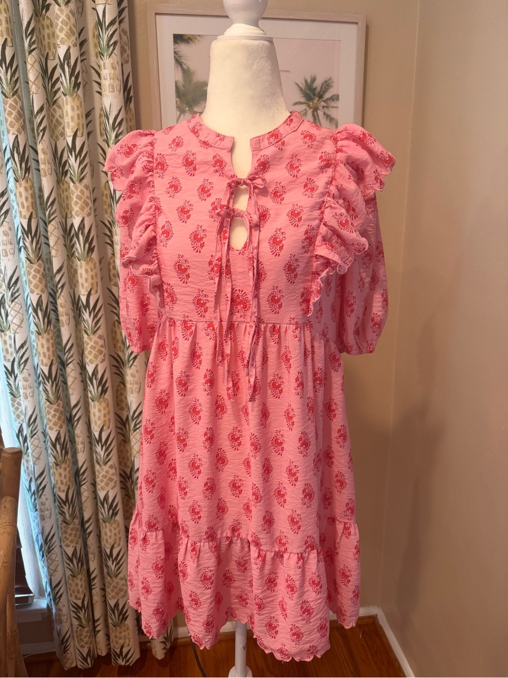 UMGEE Pink Dress Tie Front Ruffle Hem Floral Babydoll Puff Sleeve Sundress